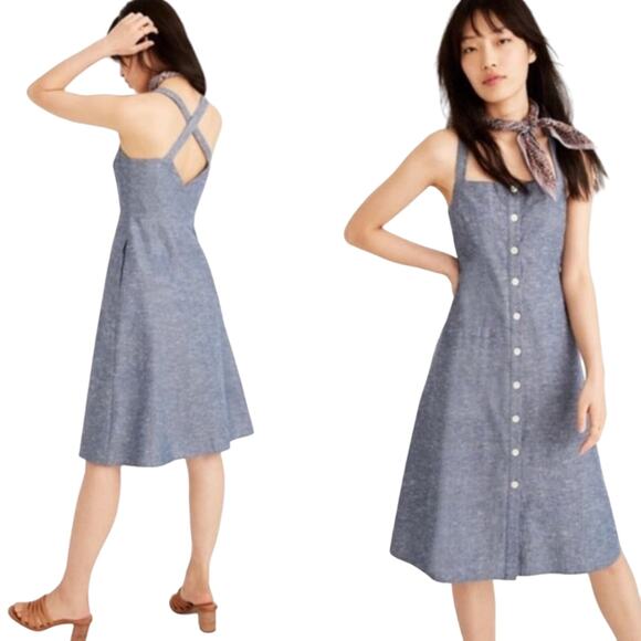 Madewell Dress Cotton Chambray Blue Tank Button-Front Midi Apron 2 NWT - Picture 1 of 9